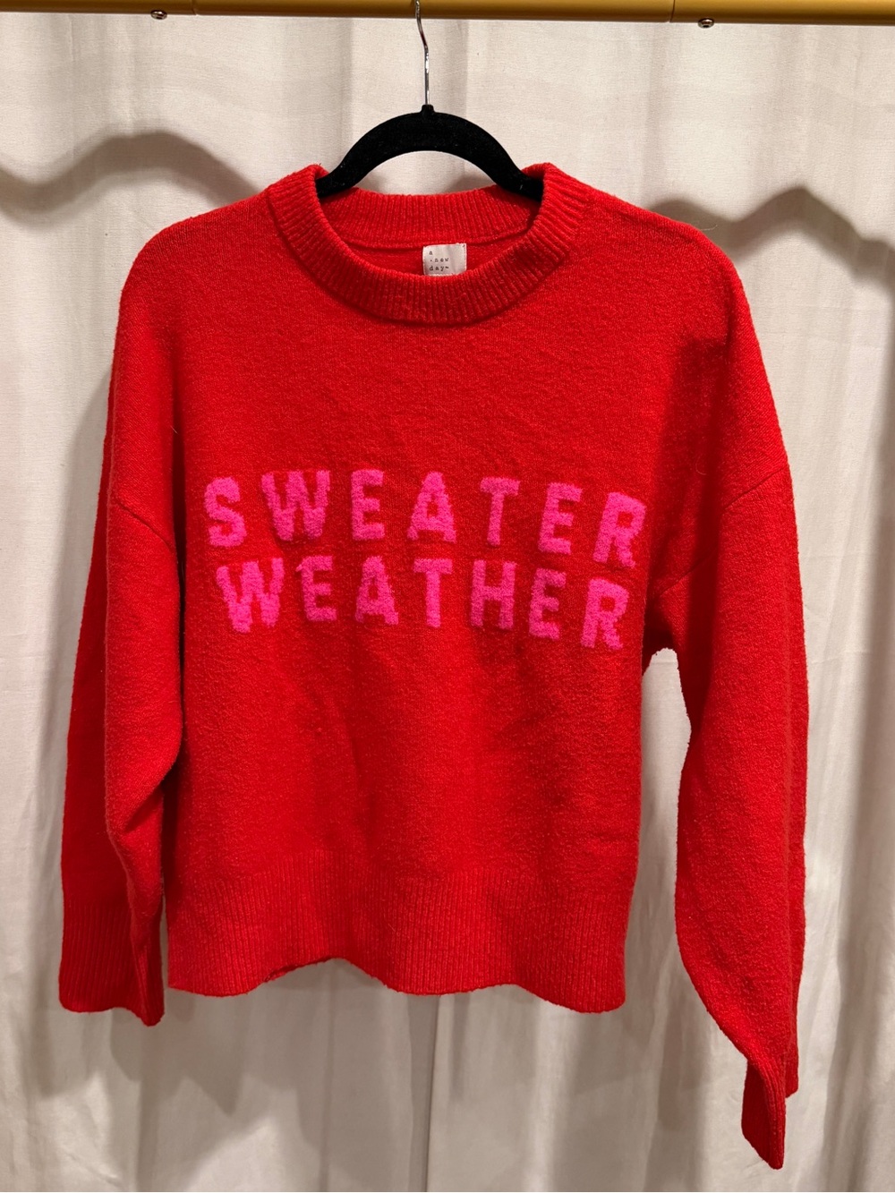 a new day Red Crewneck Sweater with Pink Lettering